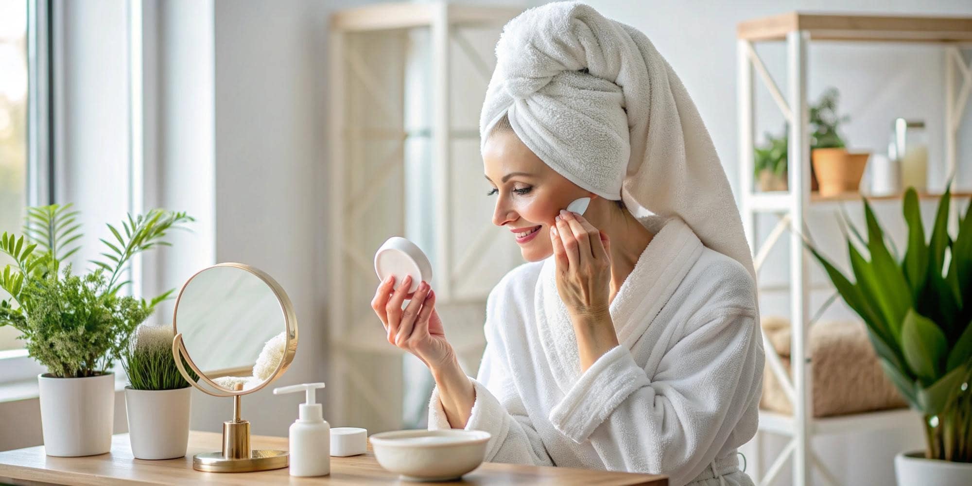 Mujer aplicando crema hidratante frente al espejo, mostrando la experiencia de uso y la elegancia de un buen diseño de packaging para cosméticos