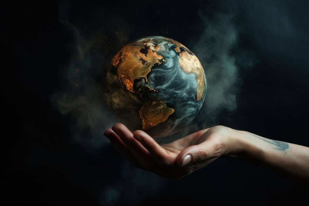 Primer plano de una mano sosteniendo un globo terráqueo que parece estar humeante o en llamas, simbolizando el impacto y la responsabilidad de una presencia global.
