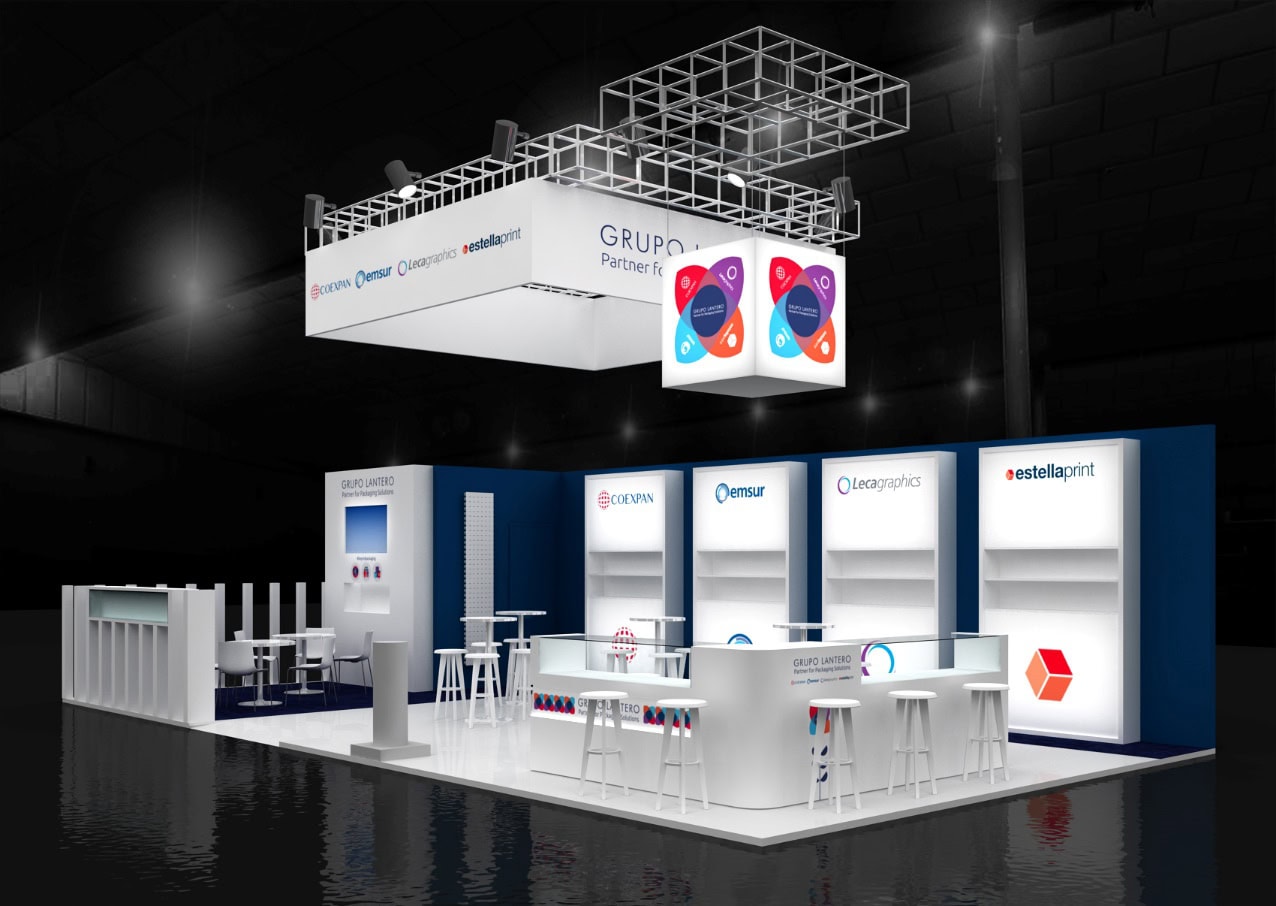 Renderizado del stand conjunto de las divisiones de Grupo Lantero, incluyendo a Coexpan y Emsur, diseñado para la feria hispack 2024.